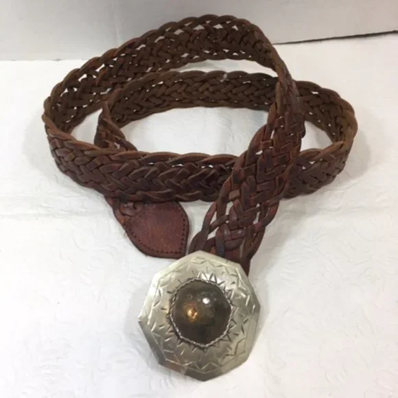 VTG Moroccan Brown Leather Braided Belt w/Octagon Silver Toned Brass Buckle Leather Belts Morocco - Etsy main image 3